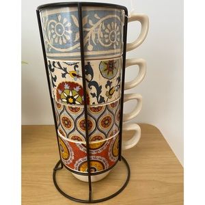 Pier 1 set of four patterned coffee mugs with canister.